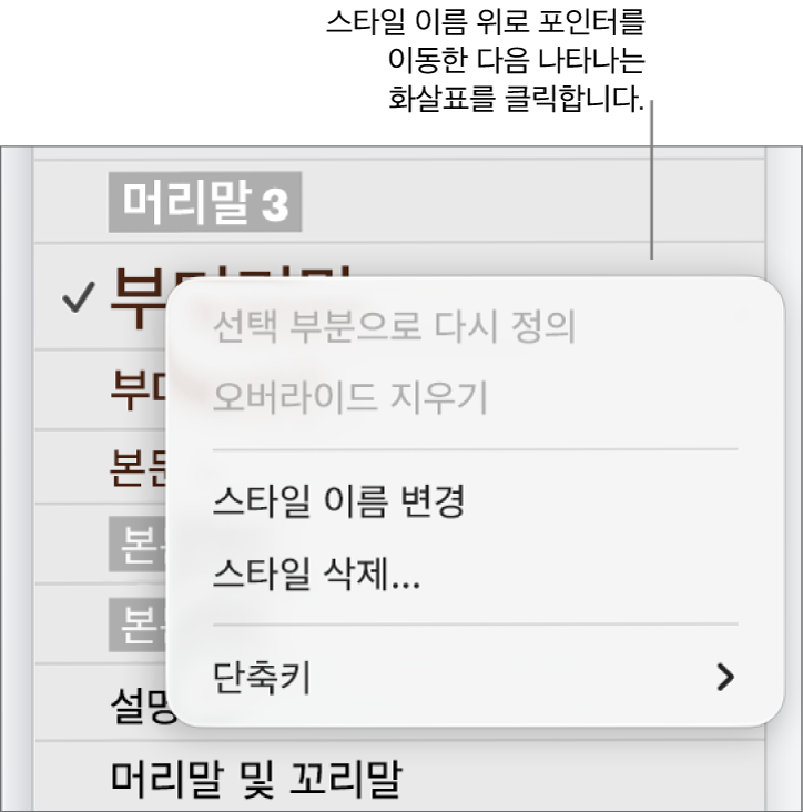 단축 메뉴가 열려 있는 단락 스타일 메뉴.