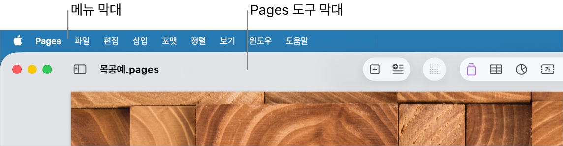 Apple, Pages, 파일, 편집, 삽입, 포맷, 정렬, 보기, 공유, 윈도우, 도움말 메뉴가 있는 화면 상단의 메뉴 막대. 메뉴 막대 아래에는 보기, 확대/축소, 페이지 추가, 삽입, 표, 차트, 텍스트, 도형, 미디어, 주석 버튼이 있는 도구 막대가 화면 상단에 있는 열린 Pages 문서.