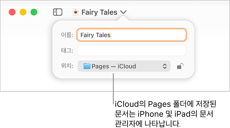 Pages 문서의 저장 대화상자—위치 팝업 메뉴 안의 iCloud.