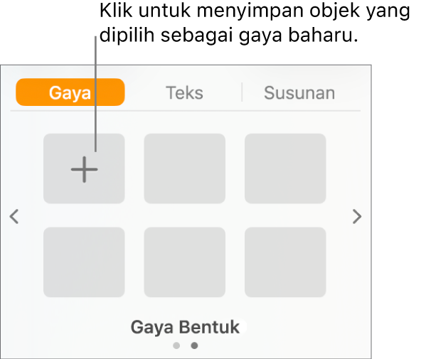 Tab Gaya pada bar sisi Format, dengan butang Cipta Gaya di penjuru kiri atas dan lima ruang letak gaya kosong.