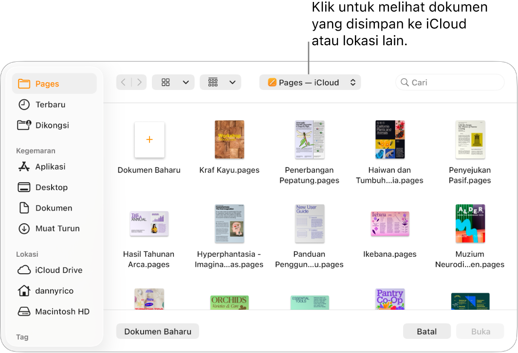 Dialog Buka dengan bar sisi dibuka pada bahagian kiri dan iCloud Drive dipilih dalam menu timbul di bahagian atas. Folder Pages kelihatan dalam dialog, bersama butang Dokumen Baharu.