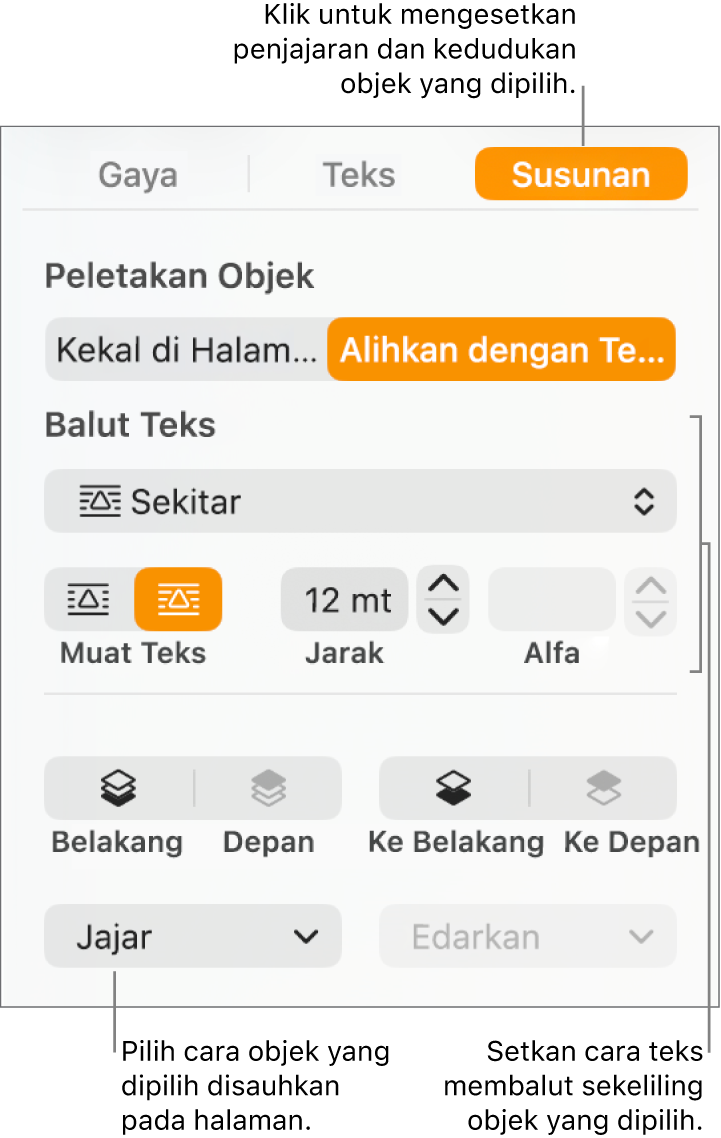 Menu Format dengan bar sisi Susun dipaparkan. Seting Peletakan Objek berada di bahagian atas bar sisi Susun, dengan seting Balut Teks di bahagian bawah.