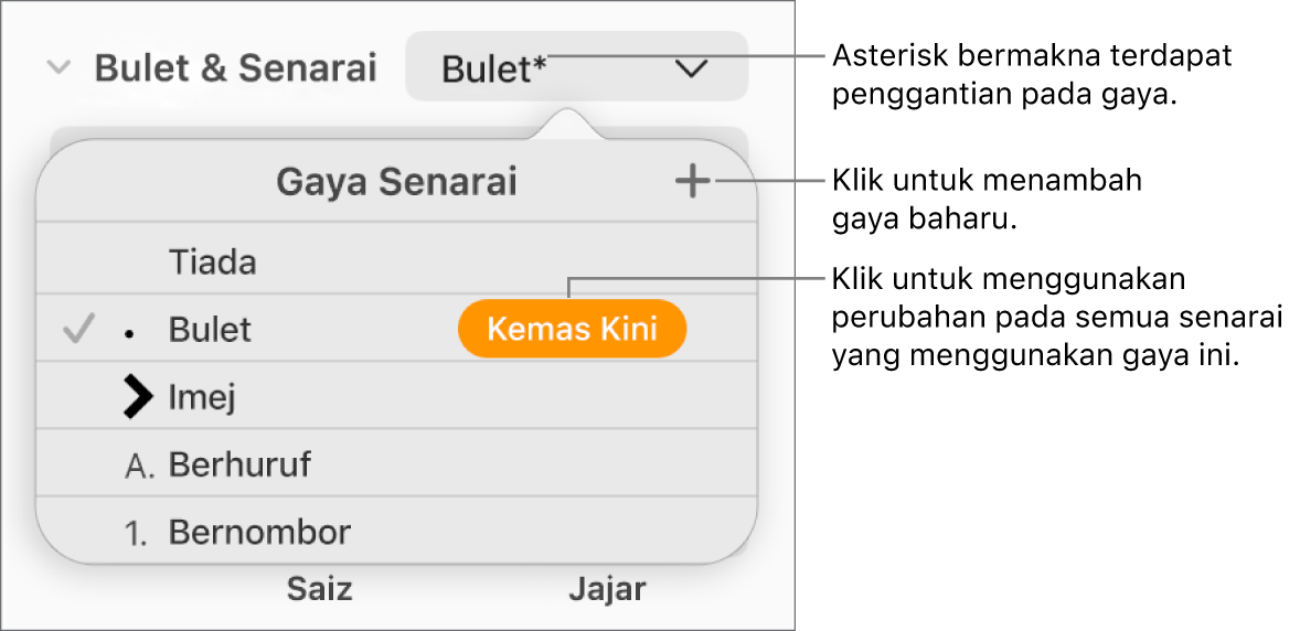 Menu timbul Gaya Senarai dengan asterisk yang menunjukkan penggantian dan petak bual pada butang Gaya Baharu dan submenu pilihan untuk menguruskan gaya.