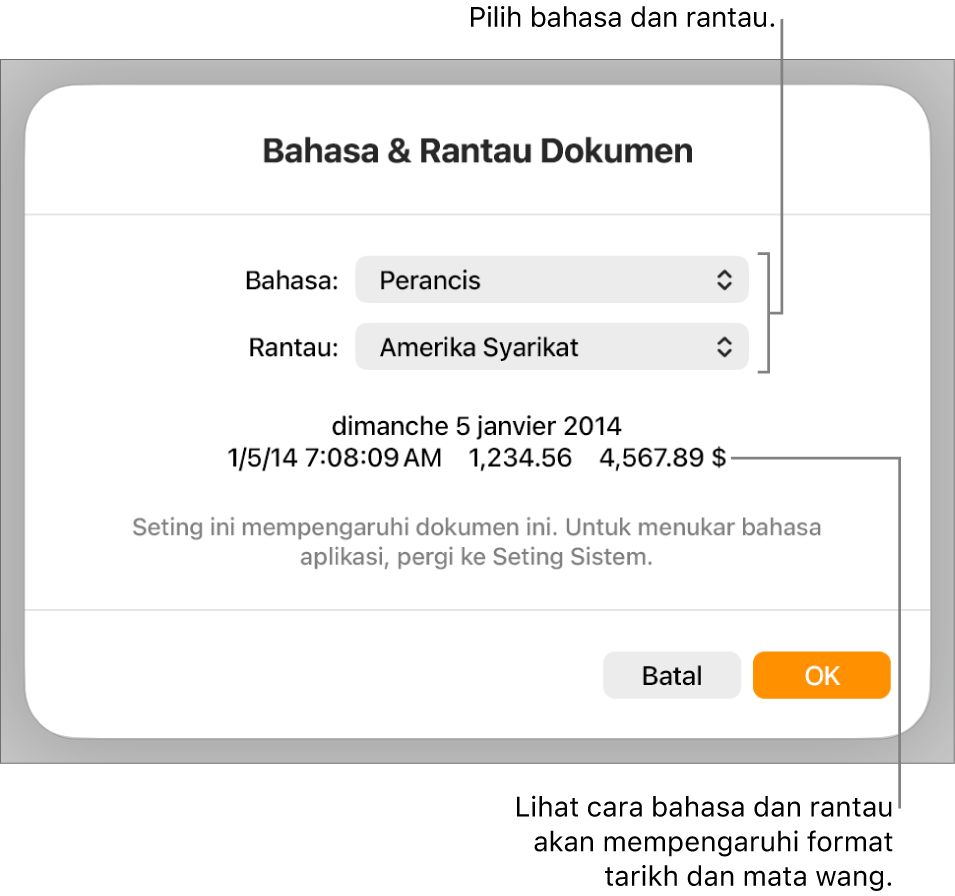 Anak tetingkap Bahasa & Rantau dengan kawalan untuk bahasa dan rantau, serta contoh format termasuk tarikh, masa, perpuluhan dan mata wang.
