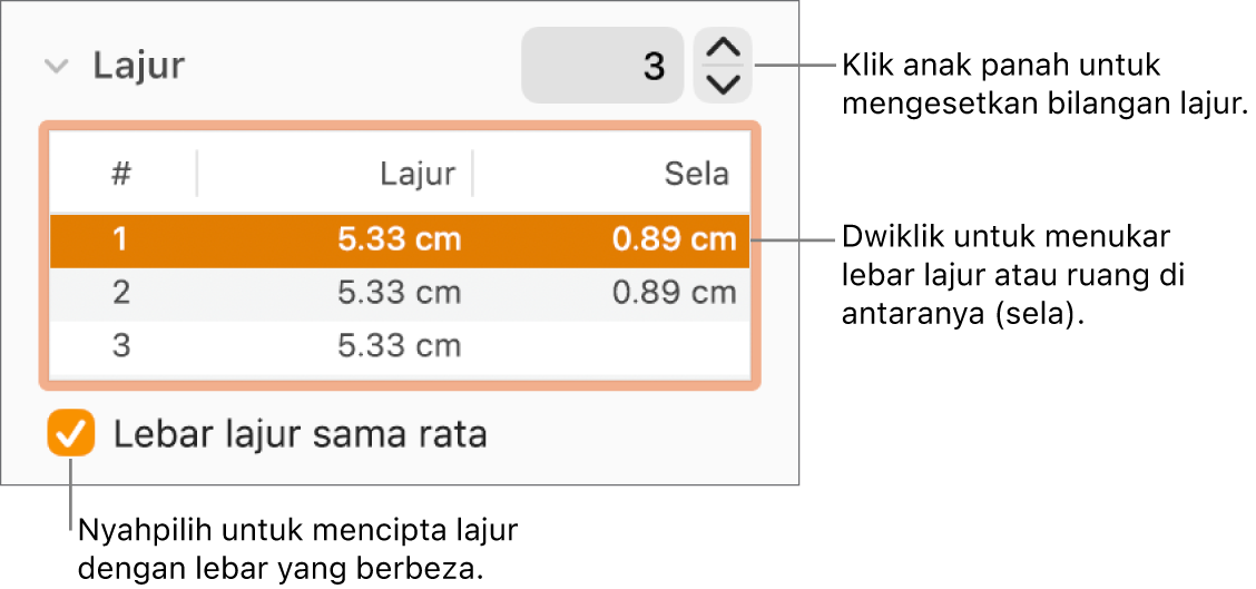 Anak tetingkap Tataletak pemeriksa Format, menunjukkan kawalan lajur.