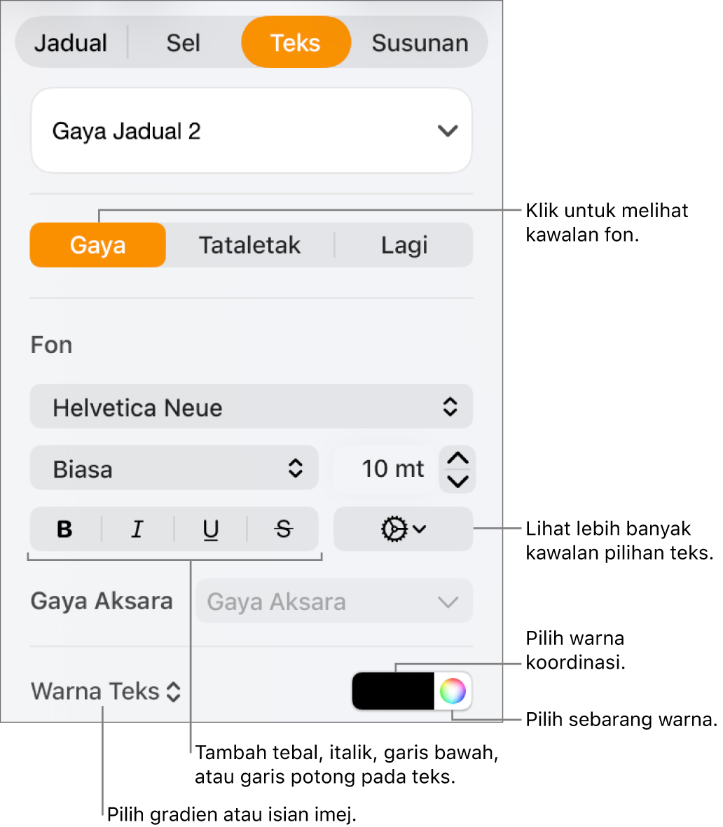 Kawalan untuk menggayakan jadual teks.