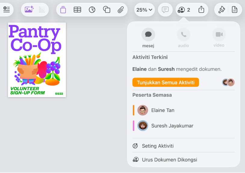 Menu kerjasama menunjukkan nama orang yang bekerjasama pada dokumen.