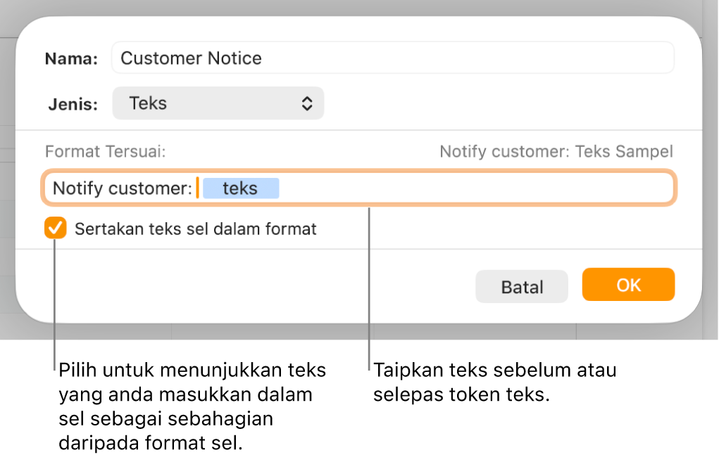 Tetingkap format sel tersuai dengan kawalan untuk memilih pemformatan teks tersuai.