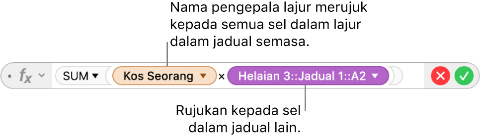 Editor Formula menunjukkan formula yang merujuk pada lajur dalam satu jadual dan sel dalam jadual lain.