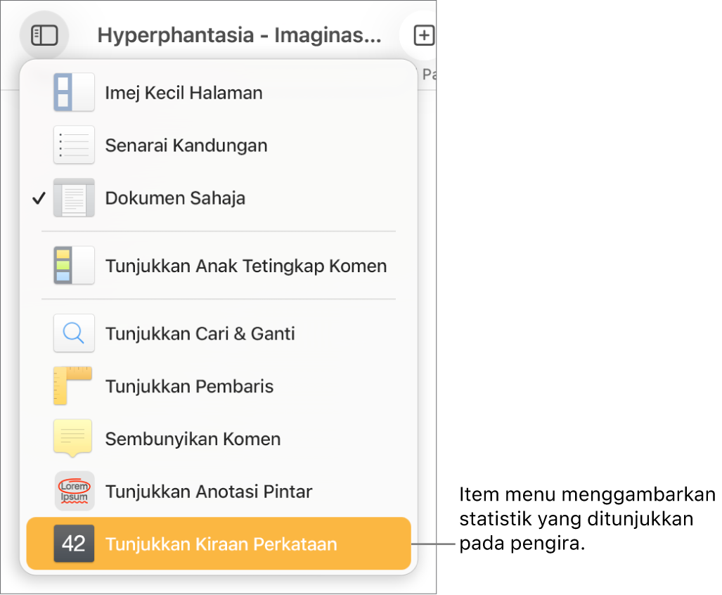Menu Paparan terbuka dengan Tunjukkan Kiraan Aksara berhampiran bahagian bawah.