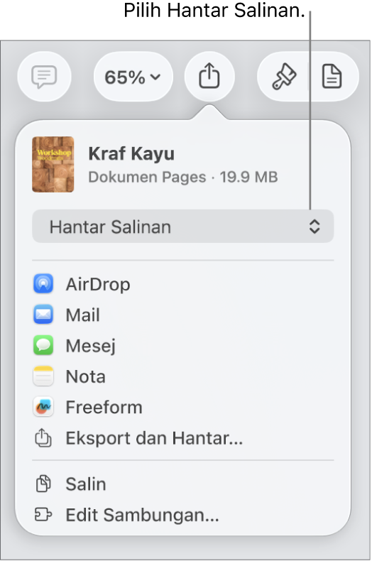 Menu Kongsi dengan Hantar Salinan dipilih di bahagian atas.