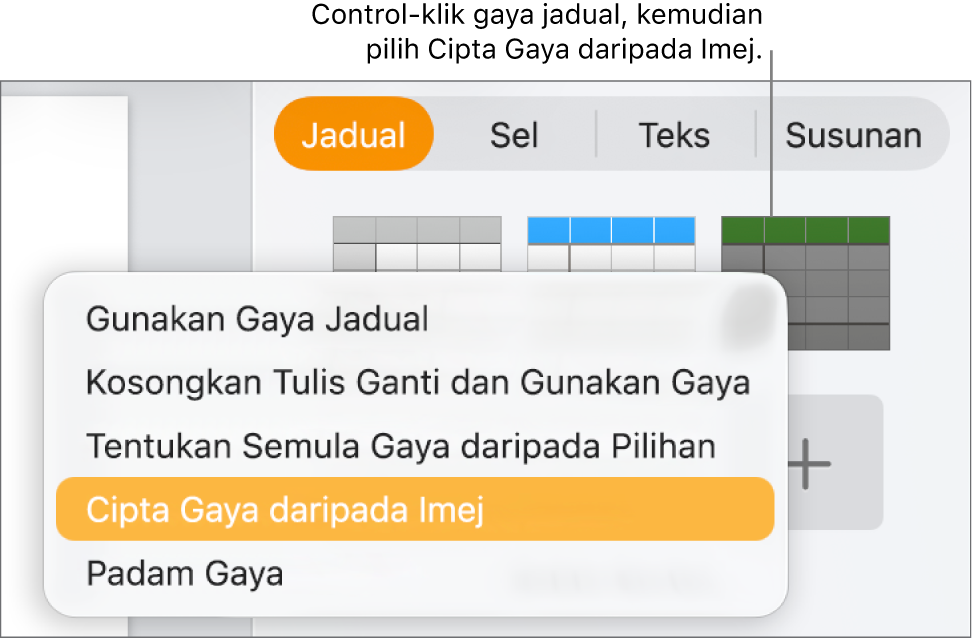 Menu pintasan gaya jadual.