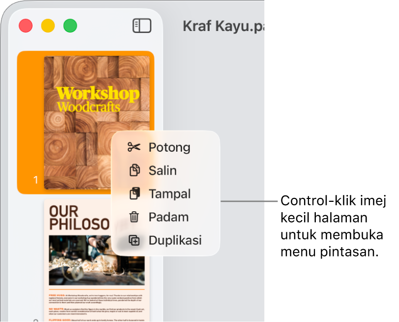 Paparan Imej Kecil Halaman dengan satu imej kecil dipilih dan menu pintasan dibuka.