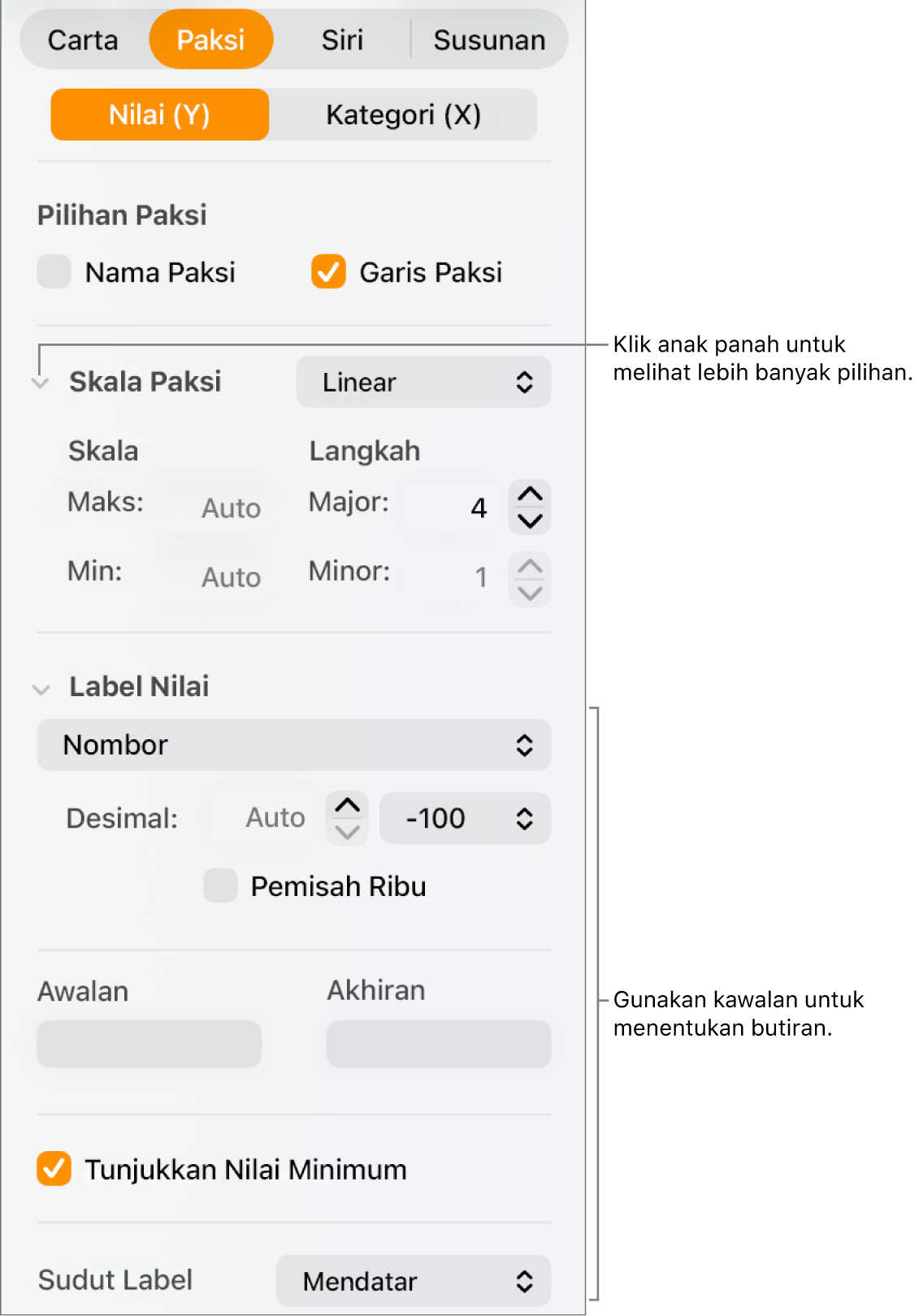 Kawalan untuk memformatkan tanda paksi carta.