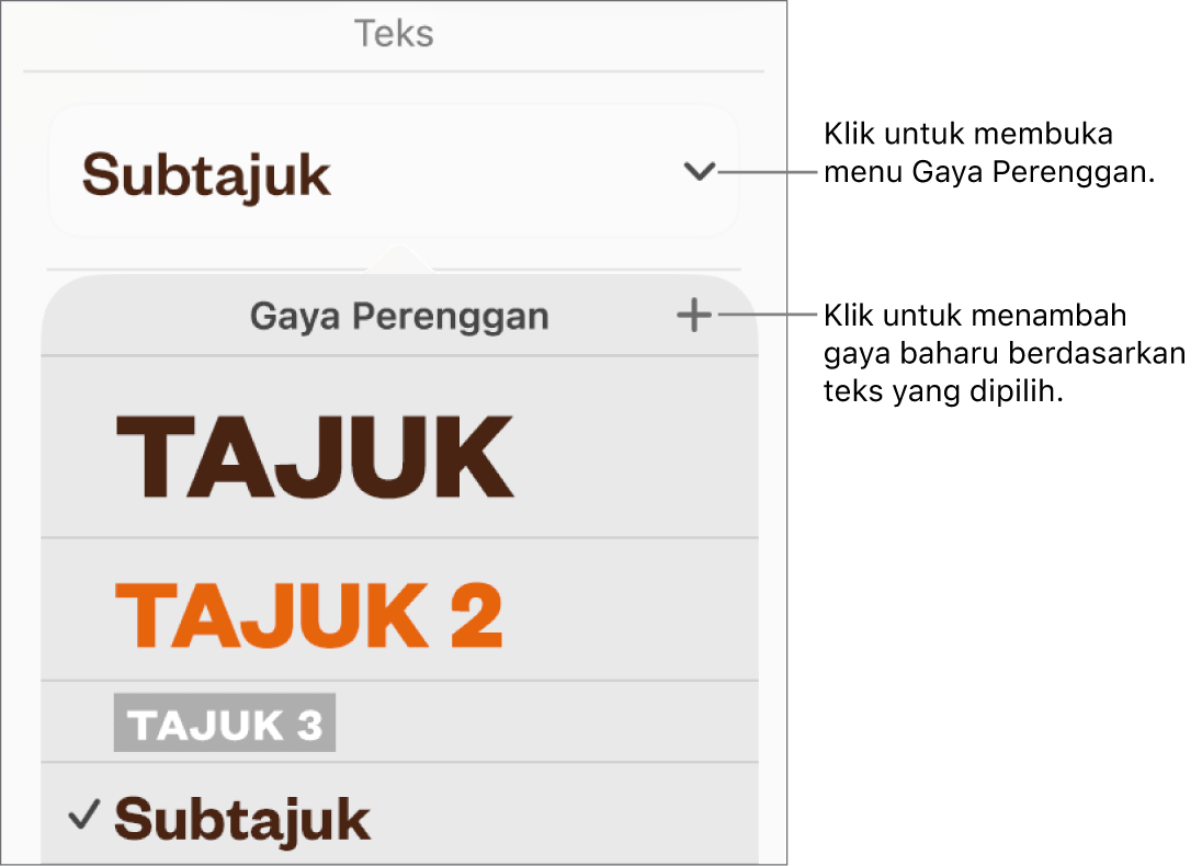 Menu Gaya Perenggan, menunjukkan kawalan untuk menambah atau menukar gaya.