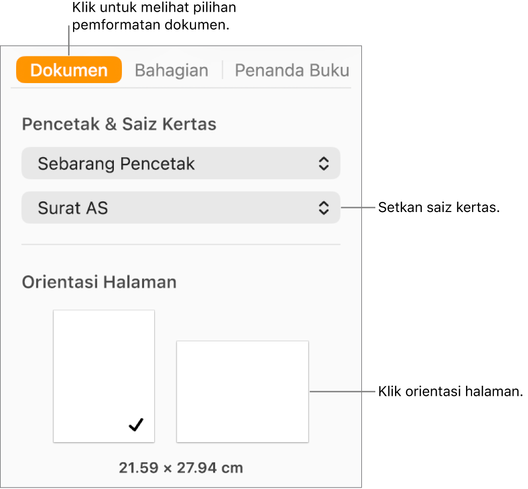 Bar sisi Dokumen dengan tab Dokumen di bahagian atas bar sisi dipilih. Dalam bar sisi ialah menu timbul untuk mengesetkan saiz kertas dan butang untuk orientasi halaman potret dan landskap.
