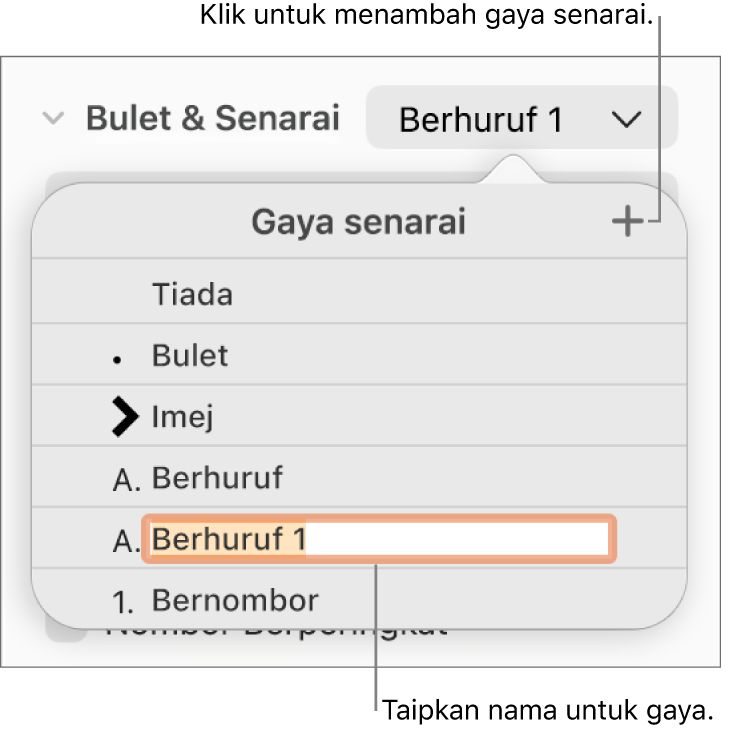 Menu timbul Gaya Senarai dengan butang Tambah di penjuru kanan atas dan nama gaya ruang letak dengan teksnya dipilih.