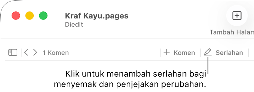 Bar menu menunjukkan menu Masukkan dan di bawahnya, bar alat Pages dengan alat semakan serta petak bual ke butang Serlahan.