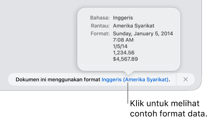 Pemberitahuan seting bahasa dan rantau berbeza, menunjukkan contoh format dalam bahasa dan rantau itu.