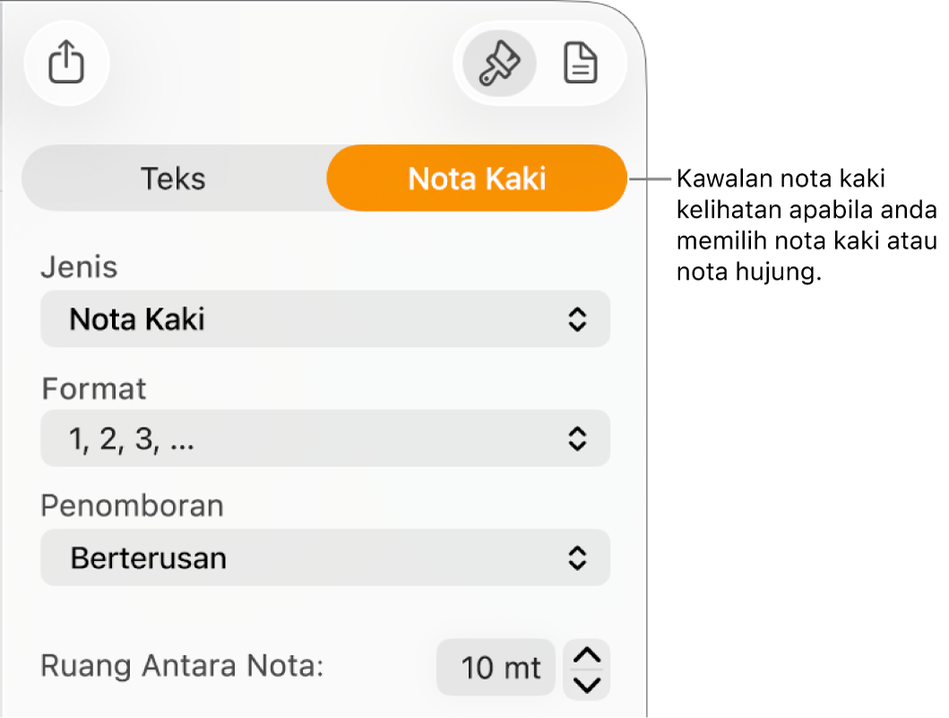 Anak tetingkap Nota Kaki menunjukkan menu timbul untuk Jenis, Format, Penomboran dan ruang antara nota.
