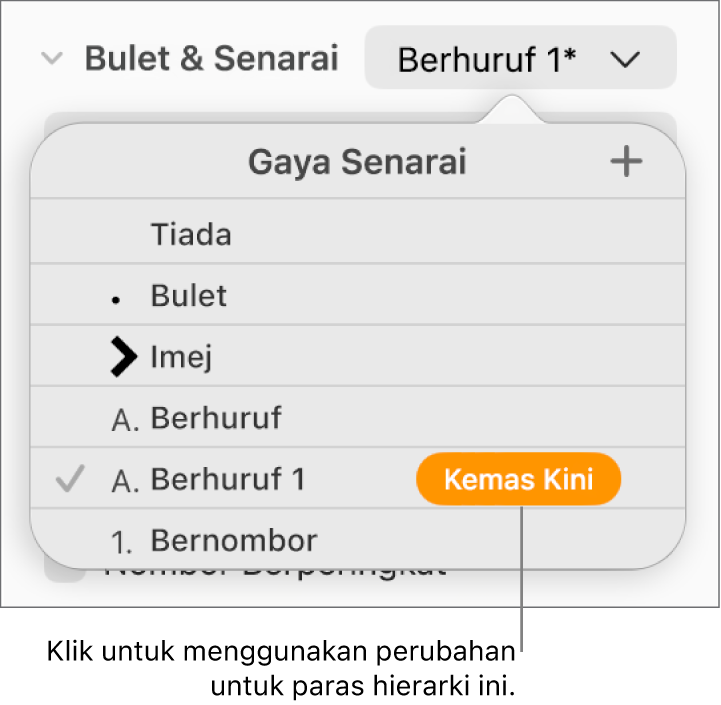 Menu timbul Gaya Senarai dengan butang Kemas Kini bersebelahan nama gaya baharu.