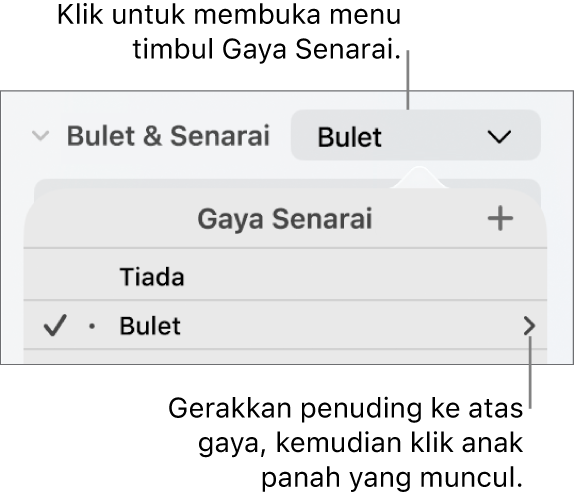 Menu timbul Gaya Senarai dengan satu gaya dipilih dan anak panah di hujung kanan.