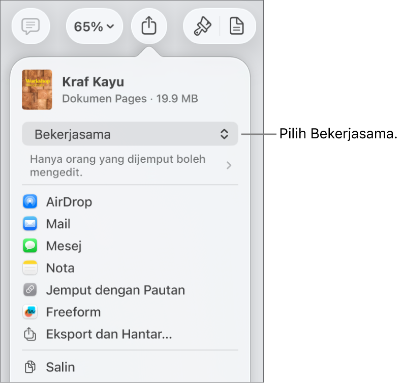 Menu Kongsi dengan Bekerjasama dipilih di bahagian atas dan seting akses serta keizinan di bahagian bawah.