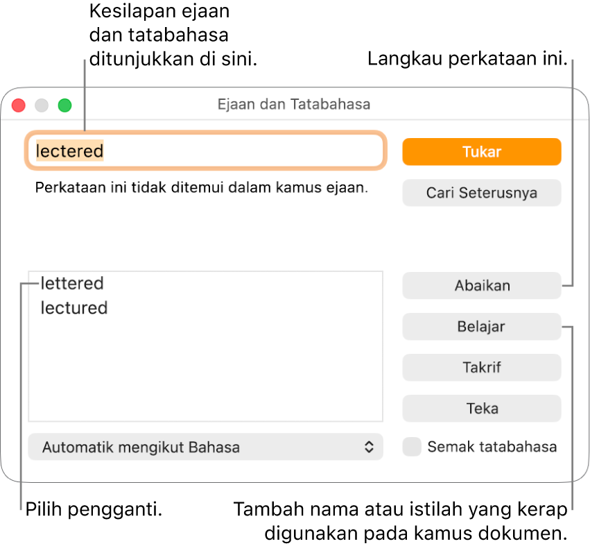Tetingkap Ejaan dan Tatabahasa.