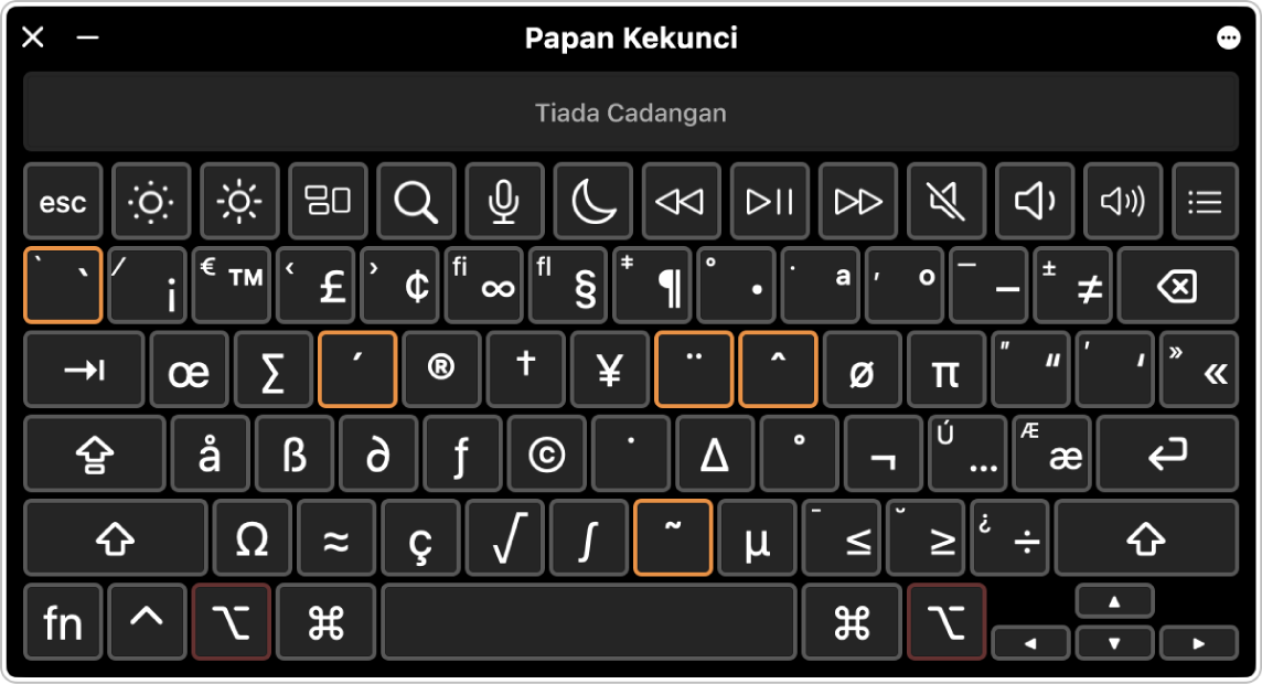 Pemapar Papan Kekunci terbuka dengan kekunci mati diserlahkan.
