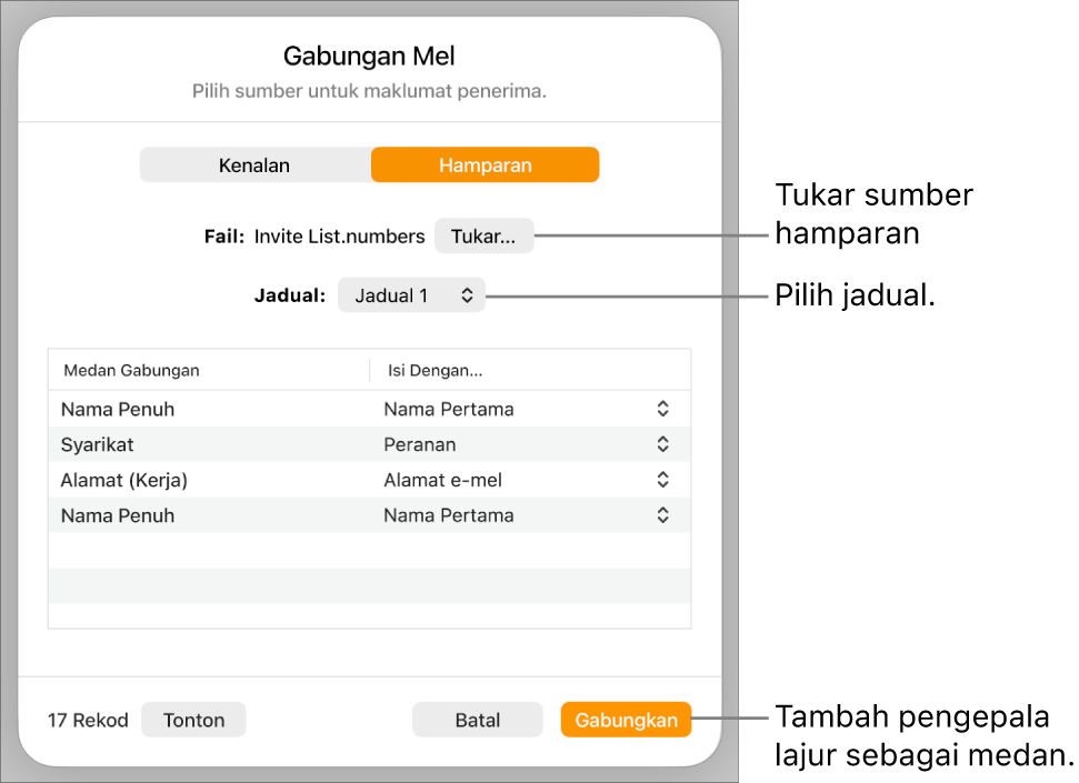 Anak tetingkap Medan Gabungan Pratonton, dengan pilihan untuk menukar fail sumber atau jadual, mempratonton nama medan gabungan atau menambah pengepala lajur sebagai medan.