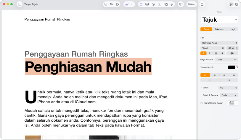 Buka dokumen dengan bar sisi format terbuka dan tab teks yang dipilih.