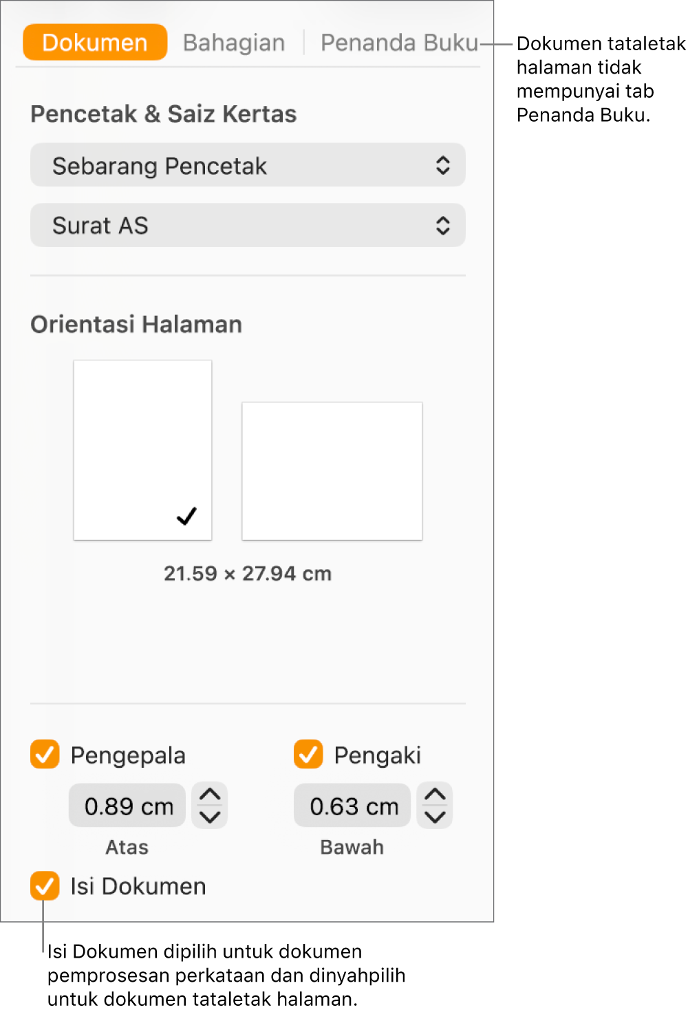 Bar sisi Format dengan tab Dokumen, Bahagian dan Penanda Buku di bahagian atas. Tab Dokumen dipilih dan petak bual ke tab Penanda Buku menyatakan yang dokumen tataletak halaman tidak mempunyai tab Penanda Buku. Kotak semak Isi Dokumen dipilih, yang juga menandakan bahawa ini ialah dokumen pemprosesan perkataan.