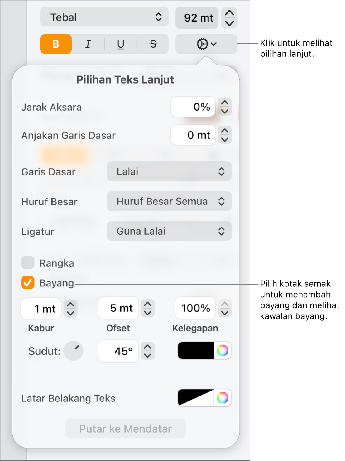 Menu Pilihan Lanjutan terbuka dan kotak semak Bayang dipilih dan kawalan untuk mengesetkan kabur, ofset, kelegapan, sudut dan warna.