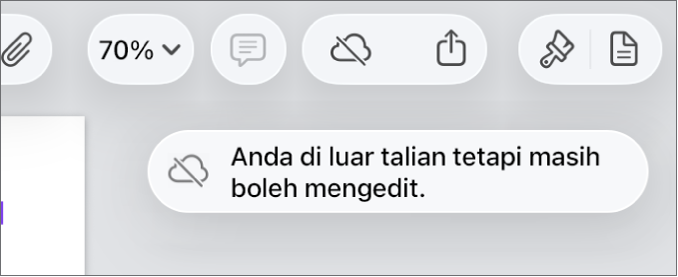 Butang di bahagian atas skrin, dengan butang Kerjasama bertukar menjadi awan dengan garis pepenjuru merentasinya. Isyarat pada skrin menyatakan “Anda di luar talian tetapi masih boleh mengedit”.