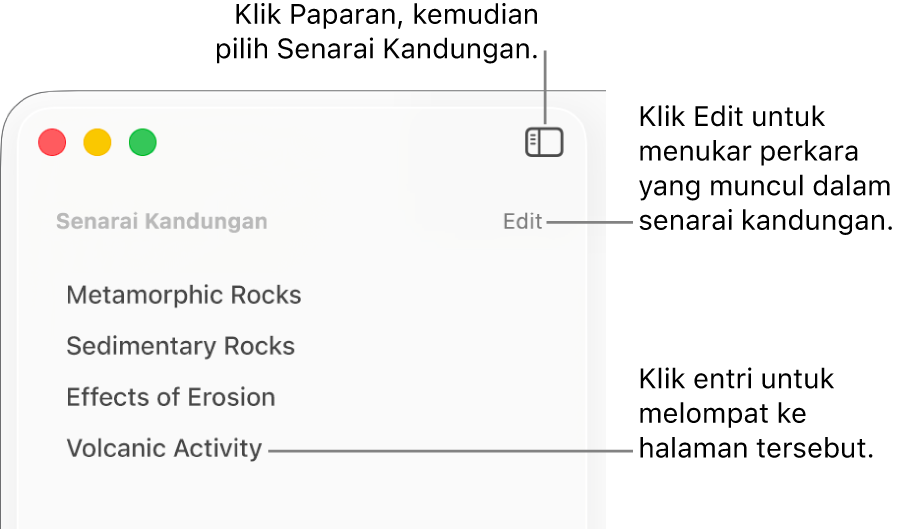 Senarai kandungan pada sebelah kiri tetingkap Pages dengan butang Edit di penjuru kanan atas bar sisi dan entri senarai kandungan dalam senarai.