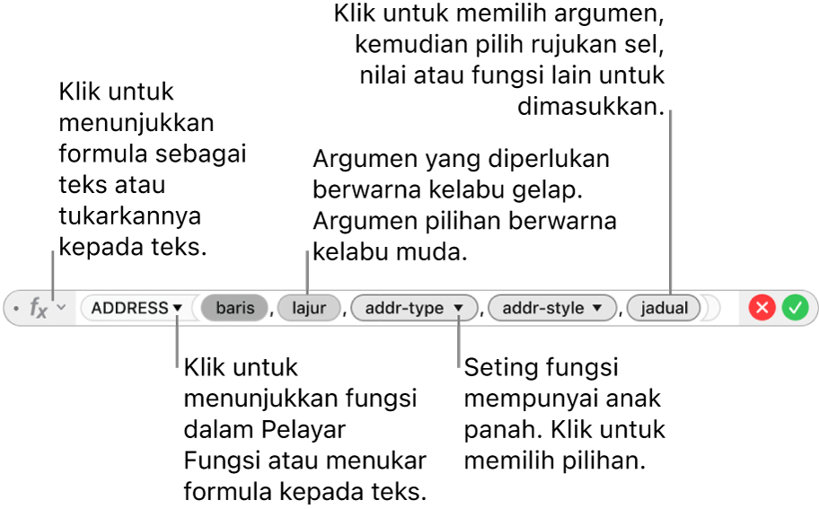 Editor Formula menunjukkan fungsi ADDRESS dan token argumennya.