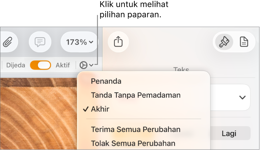 Menu pilihan semakan menunjukkan Penanda, Penanda Tanpa Pemadaman dan Akhir.