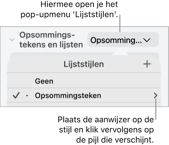Het pop‑upmenu 'Lijststijlen' waarin één stijl is geselecteerd. Helemaal rechts van de stijl staat een pijl.