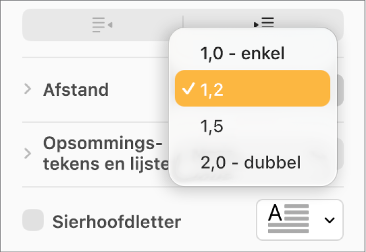 Het pop‑upmenu 'Afstand' met onder andere de opties 'Enkel' en 'Dubbel'.