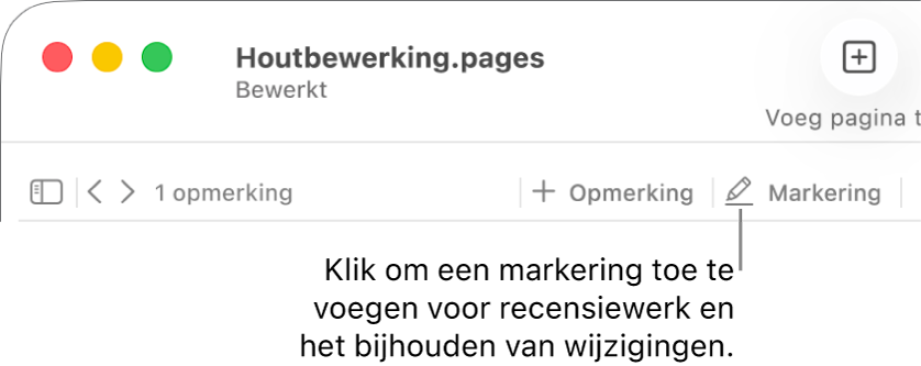 De menubalk met het Voeg in-menu en daaronder de Pages-knoppenbalk met controlefuncties en uitleg bij de markeerknop.