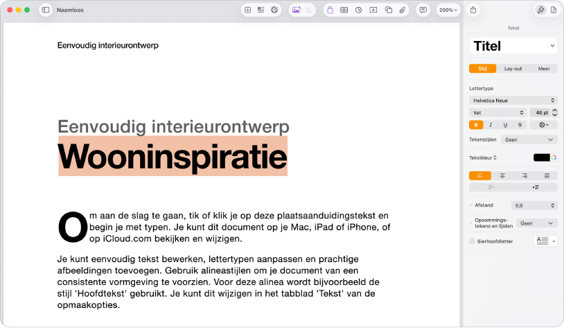 Een geopend document waarin de navigatiekolom 'Opmaak' is geopend en het tabblad 'Tekst' is geselecteerd.