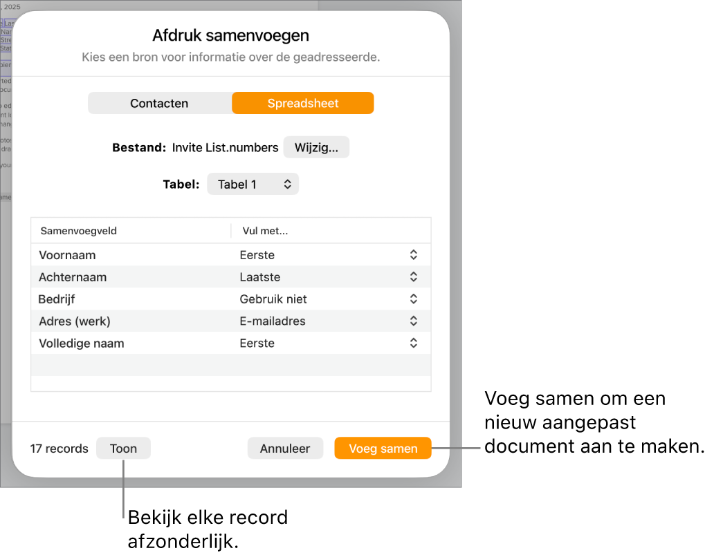 Het paneel 'Afdruk samenvoegen' met opties voor het wijzigen van het bronbestand of de tabel, het bekijken van de lijst met samenvoegvelden of afzonderlijke records en het samenvoegen van het document.