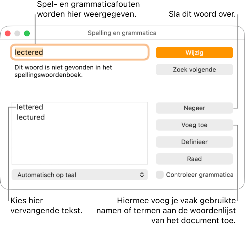 Het venster 'Spelling en grammatica'.