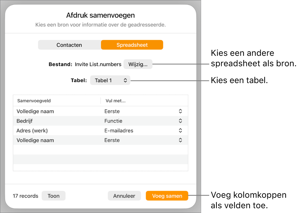 Het paneel 'Voorvertoning samenvoegvelden' met opties voor het wijzigen van het bronbestand of de tabel, het bekijken van de lijst met samenvoegvelden en het toevoegen van de kolomkoppen als velden.