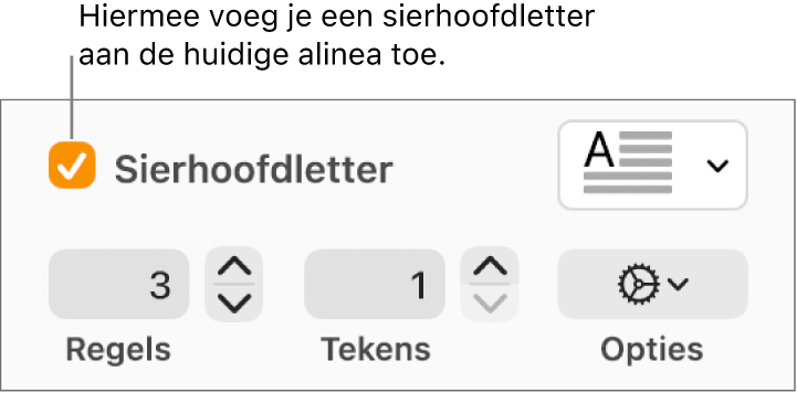 Het aankruisvak 'Sierhoofdletter' is ingeschakeld en rechts ervan staat een pop‑upmenu. Eronder staan regelaars voor het instellen van de regelhoogte, het aantal tekens en andere opties.