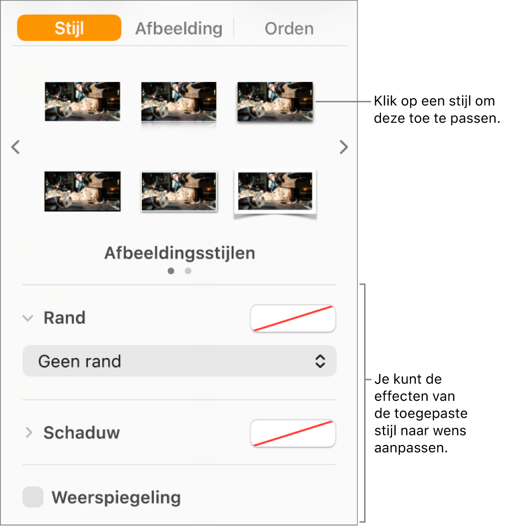 Het tabblad 'Stijl' van de navigatiekolom 'Opmaak' met stijlopties voor het object.