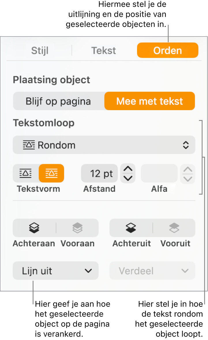 De navigatiekolom 'Opmaak' met het tabblad 'Orden'. Boven in de navigatiekolom staan de instellingen voor 'Plaatsing object' en daaronder staan de instellingen voor 'Tekstomloop'.