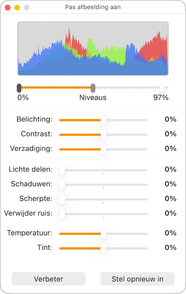 Het venster 'Pas afbeelding aan' met schuifknoppen voor de configuratie van belichting, contrast, verzadiging, markeringen, schaduwen, scherpte, ruisverwijdering, temperatuur en tint.
