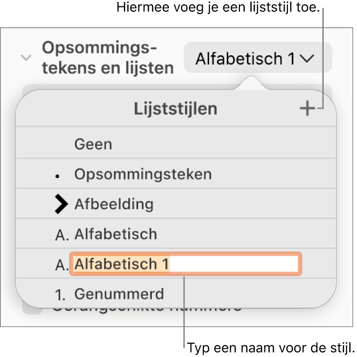 Het pop‑upmenu 'Lijststijlen' met een plusknop in de rechterbovenhoek en een tijdelijke stijlnaam waarvan de tekst geselecteerd is.