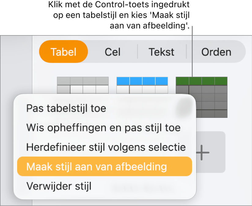 Het contextuele menu voor tabelstijlen.